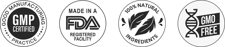 PrimeBiome certifications: GMP Certified, FDA Registered Facility, 100% Natural Ingredients, GMO Free