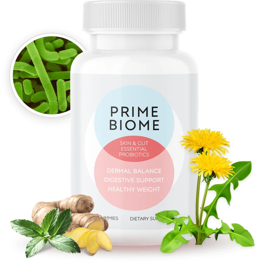 PrimeBiome probiotic gummy supplement bottle with botanical ingredients including ginger and dandelion