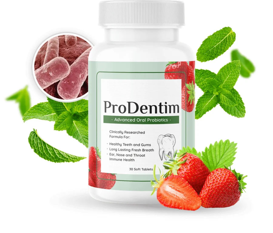 ProDentim advanced oral probiotic supplement bottle with strawberries and mint leaves